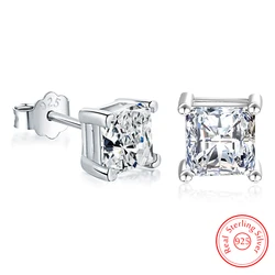 Genuíno 925 Sterling Silver Square Crystal Stud Earrings para mulheres, jóias da moda de alta qualidade, novo, XY0284