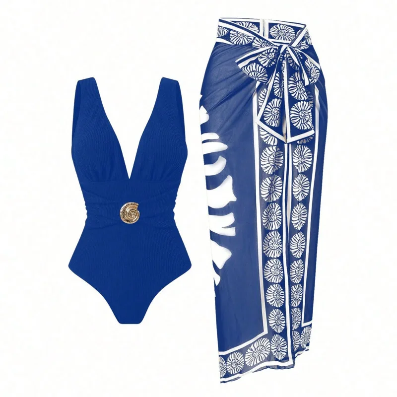 New One-piece Sexy Swimsuit French Retro Print Hot Spring Vacation Beach Skirt Set