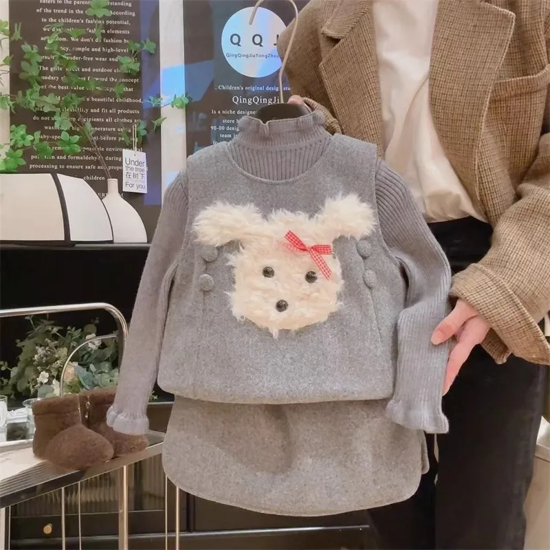 

TOY-Trendy Girl's Scrawled Puppy Vest Set Winter New Style Girl's Fleece Vest and Skirt Two-Piece Set
