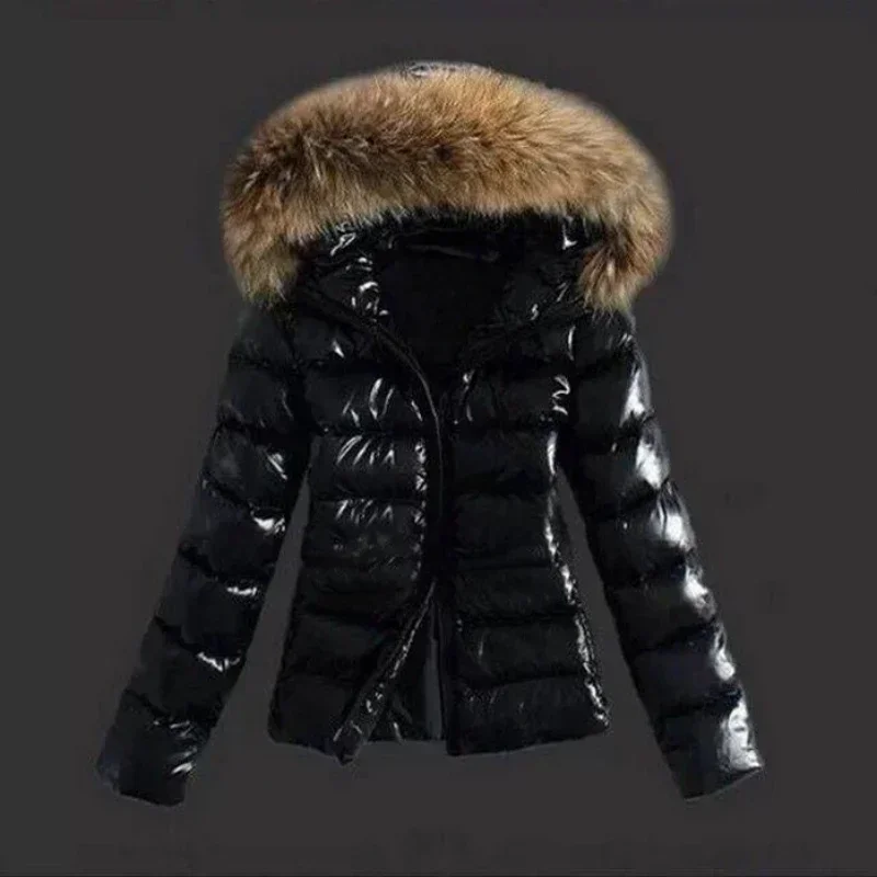 2024 New Women\'s Winter Fashion Casual Slim Cotton Jacket Faux Fur Collar and Hooded  Warm Jacket Coat Hooded Pu Leather Zipper