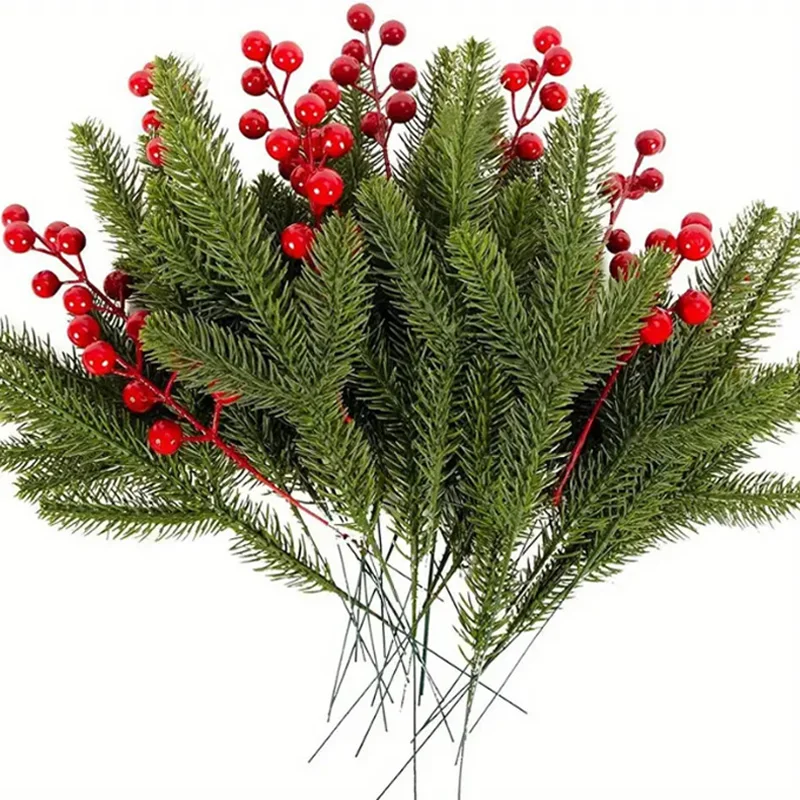 10 pz pianta artificiale bacca rossa verde pino ago scatola regalo di natale decorazione finta casa matrimonio decorazione della tavola accessori