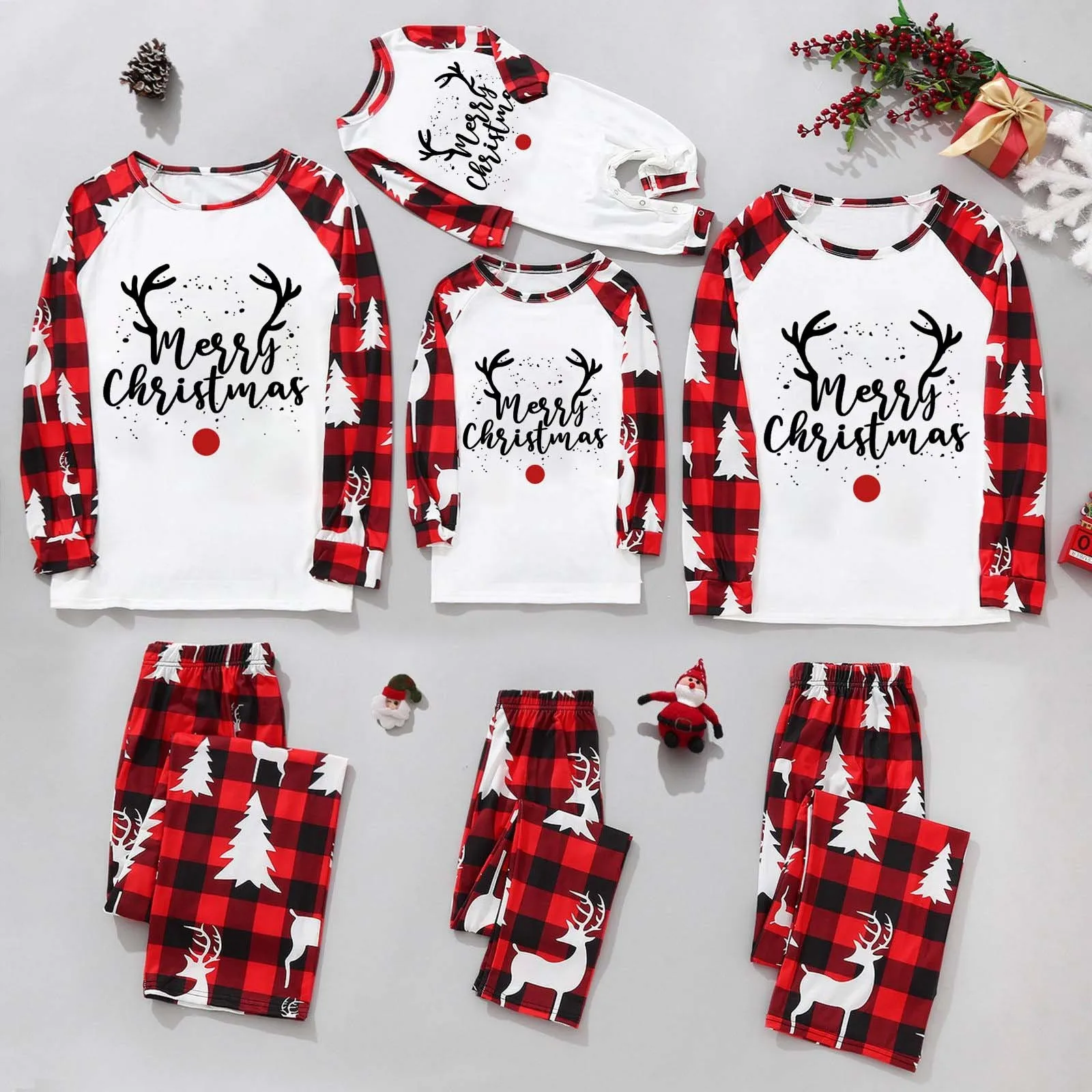 Christmas 2024 Matching Family Outfits Patchwork All Over Print Pajamas Set Mom Dad Kids Sleepwear Baby Romper Xmas Look Pyjamas