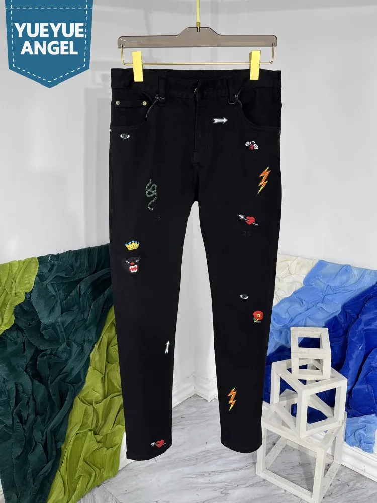 Fashion Mens Embroidery Slim Fit Pencil Pants Black Denim Pants Spring Casual Streetwear High Quality Jeans Long Cowboy Trousers