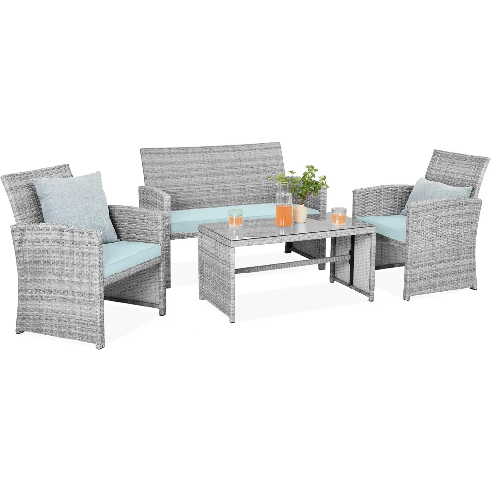 4-Piece Outdoor Wicker Patio Conversation Furniture Set for Backyard w/Coffee Table, Seat Cushions - Gray/Pastel Blue