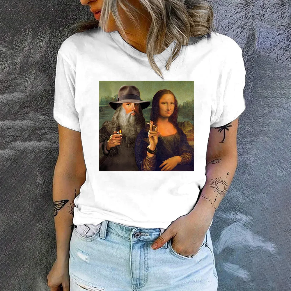 2024 Women\'s T-shirt Artistic Funny Pattern Mona Lisa Printing T-shirt Summer Leisure Women\'s Popular Short Sleeved T-shirt