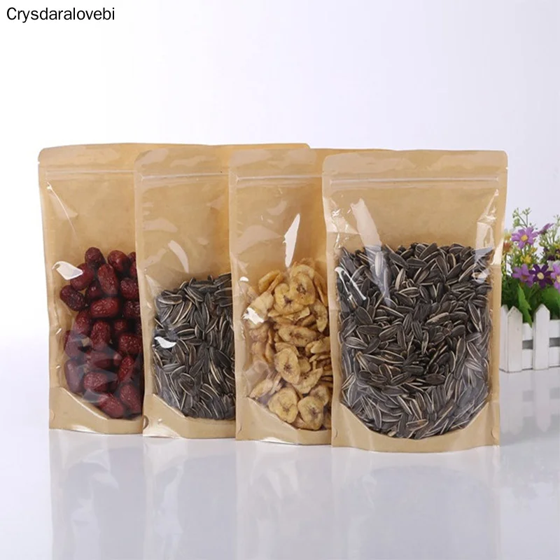 

100pcs One Side Clear Kraft Paper Bag Snack Nuts Beans Packaging Paper Gift Pouch Stand up Clear Window Ziplock Bag Pouches