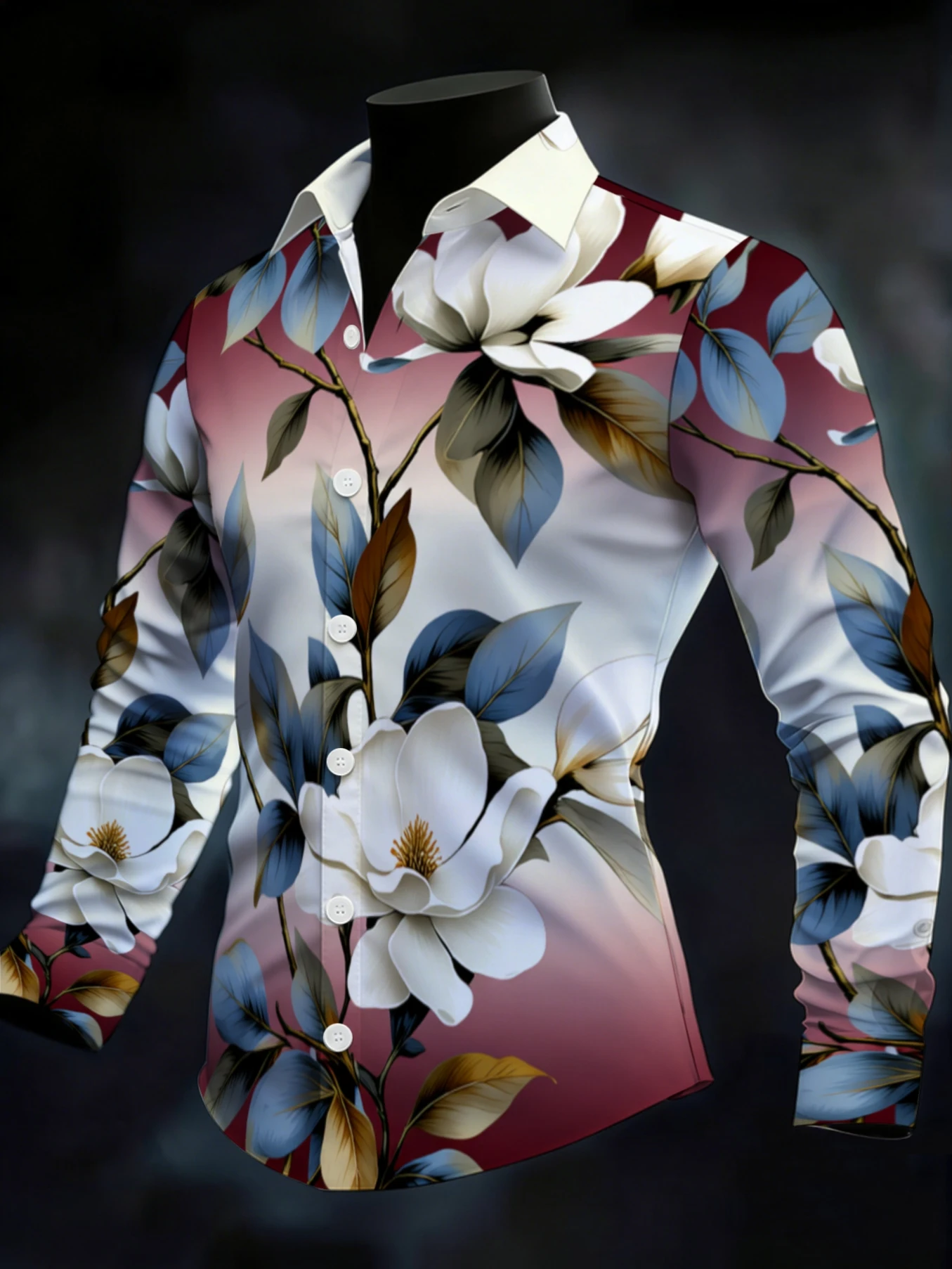 Men Lapel Collar Shirt Burgundy White Blooming Flower Leaf Art Graphic Polyester Long‑Sleeve Top