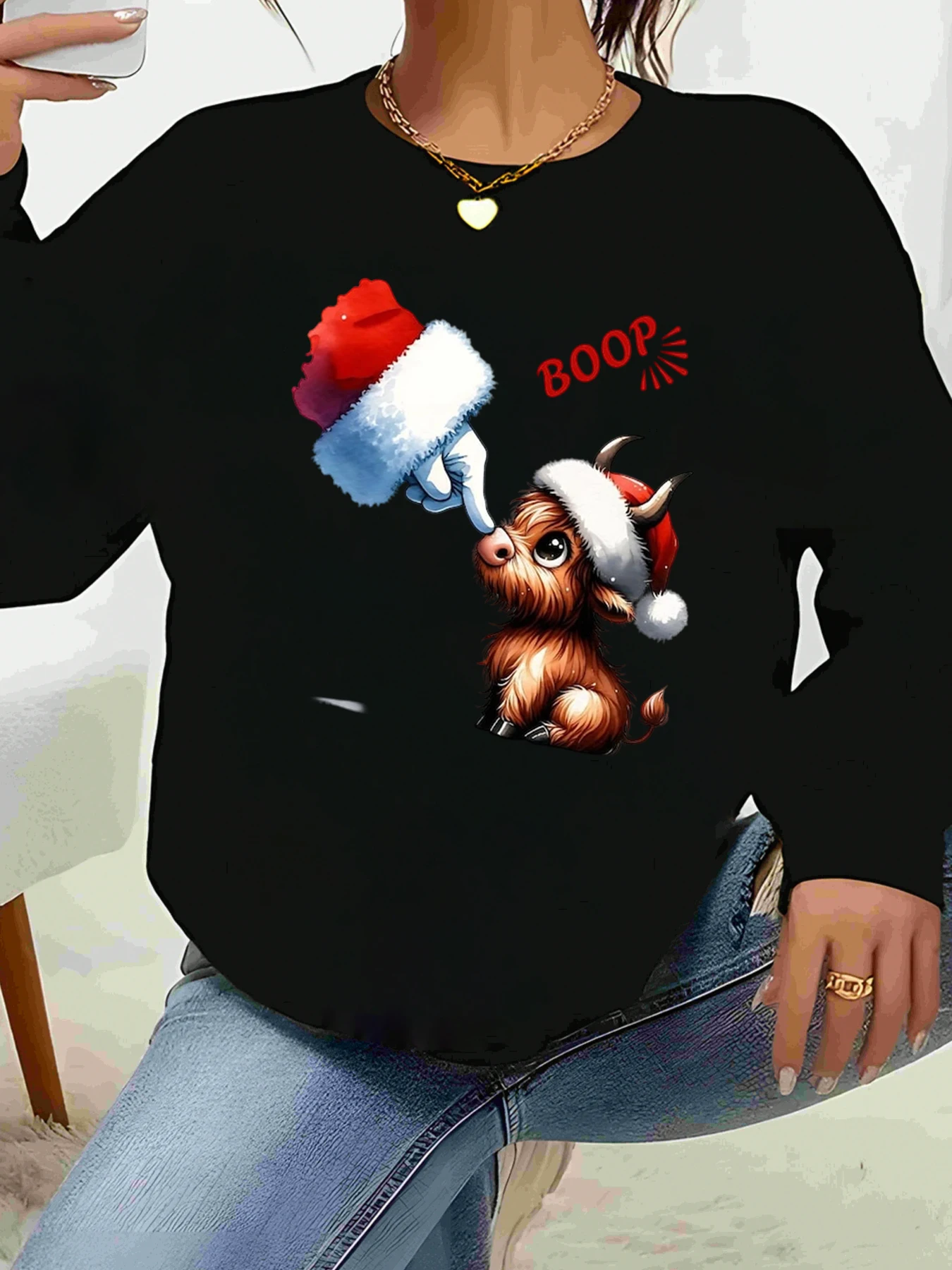 

Милый олень с шляпой Санты Boop, свитер с длинными рукавами и рождественским принтом, праздничная вечеринка, женская повседневная одежда