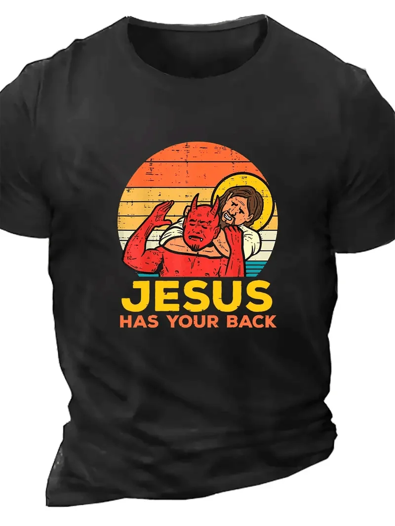 Plus Size Trendy Tees, \'Jesus Has Your Back\' Print Men\'s Casual Short Sleeve T-Shirt Tops, Men\'s Clothing For Summer