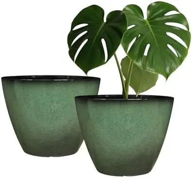 

2 Pack 8' Plastic Plant Pots, Glazed Planter for Aloe, Herbs, Cactus (Green, 2pcs)