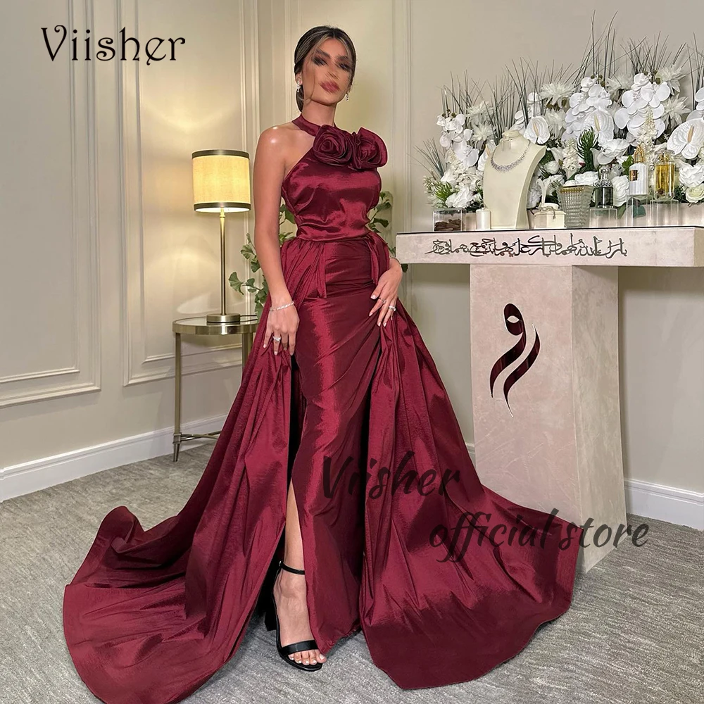 

Burgundy Taffeta Evening Dresses for Women Arabian Dubai Mermaid Prom Party Dress with Train Long Formal Evening Gowns 2024