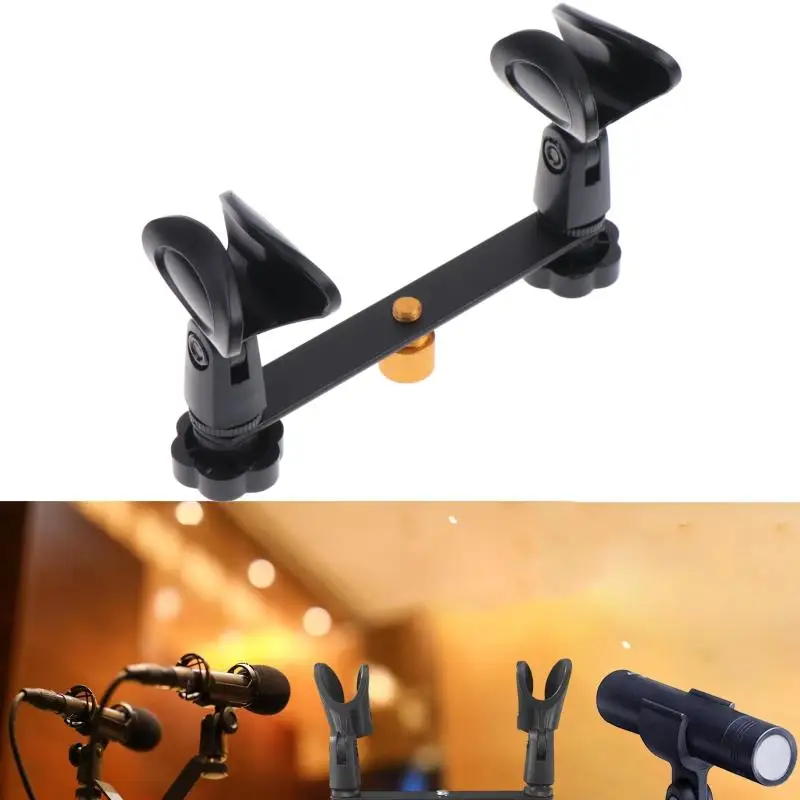 Dual Microphone Clips, 180° Adjustable 1-to-2 Mic Mount, Sturdy Compact Space Saving Microphone Clamp Holder for Live Recording