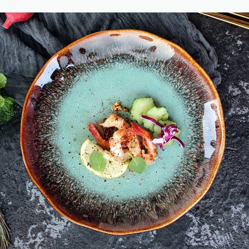 Prato de cerâmica europeu de 8 polegadas, prato de bife ocidental, macarrão, prato doméstico, forno, transutação, esmalte, pratos da china