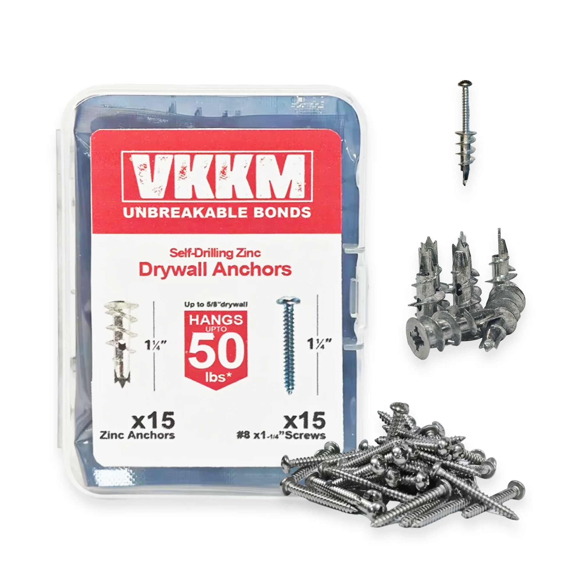 VKKM Self-Drilling Zinc Drywall Anchors with Screws - 15-Piece Set, Holds Up to 50 lbs, Ideal for Secure Installation