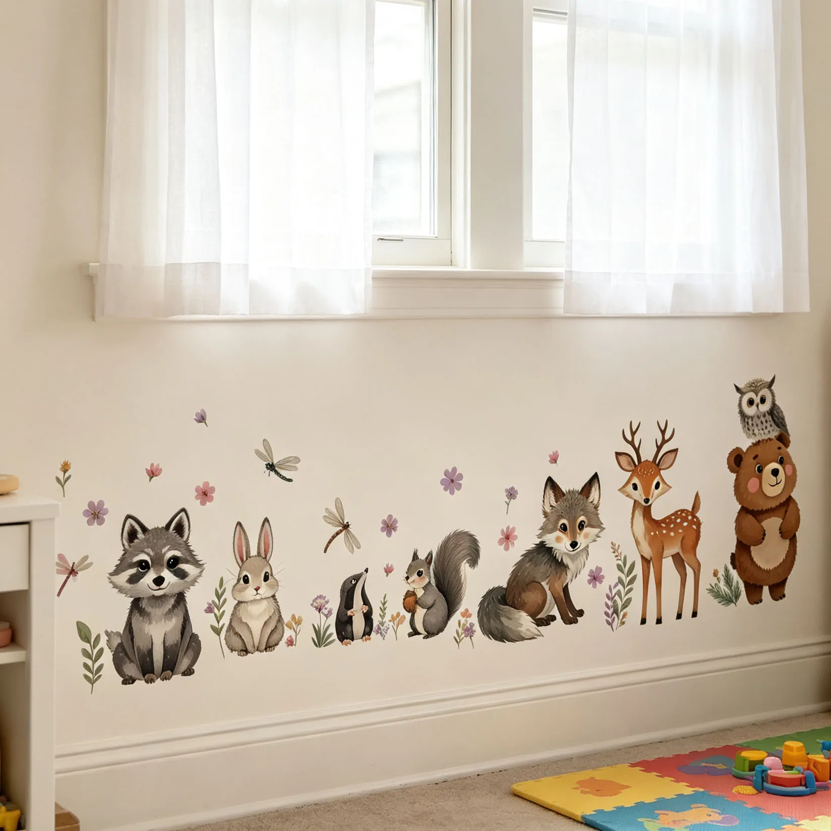 Watercolor Woodland Animal Wall Stickers Forest Bear Fox Deer Owl Squirrel Raccoon Rabbit Floral Grass Wall Decals Removable Kid