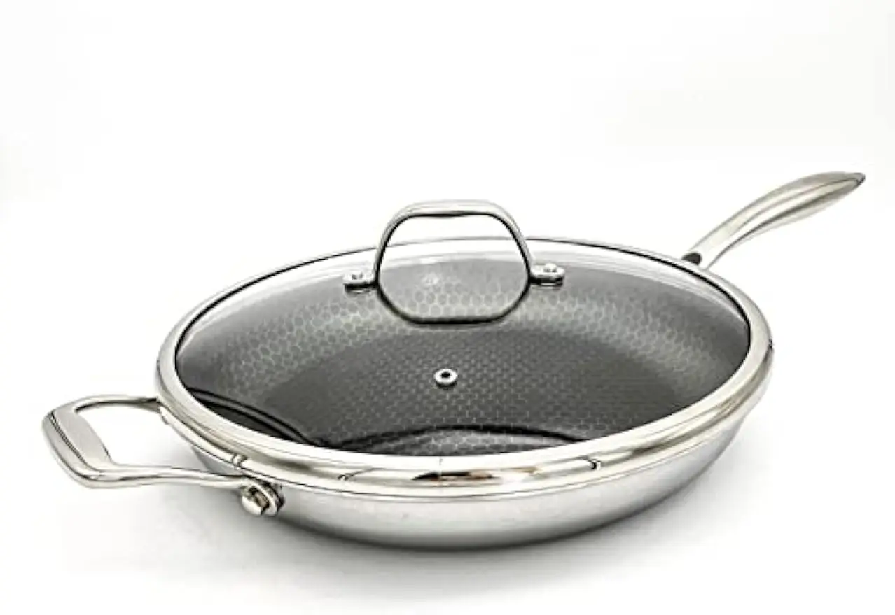 

12-Inch Honeycomb Surface Hybrid Stainless Steel Frying Pan with Lid - Even Heating & Oven Safe