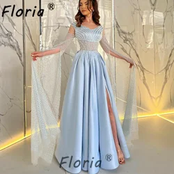 Luxury Beaded Light Blue Evening Dresses with Long Cape Sleeve Pearls A Line Satin Formal Occasion Dress Elegantes Robe de soire