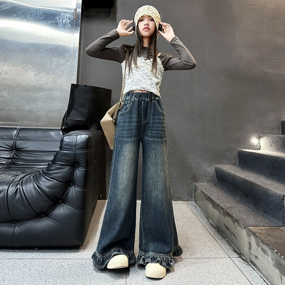

Wide Leg Pants Teen Girl Jeans Straight High Waist Children Ruffled Jeans Streetwear Cowboy Girls Denim Trousers Kids Children