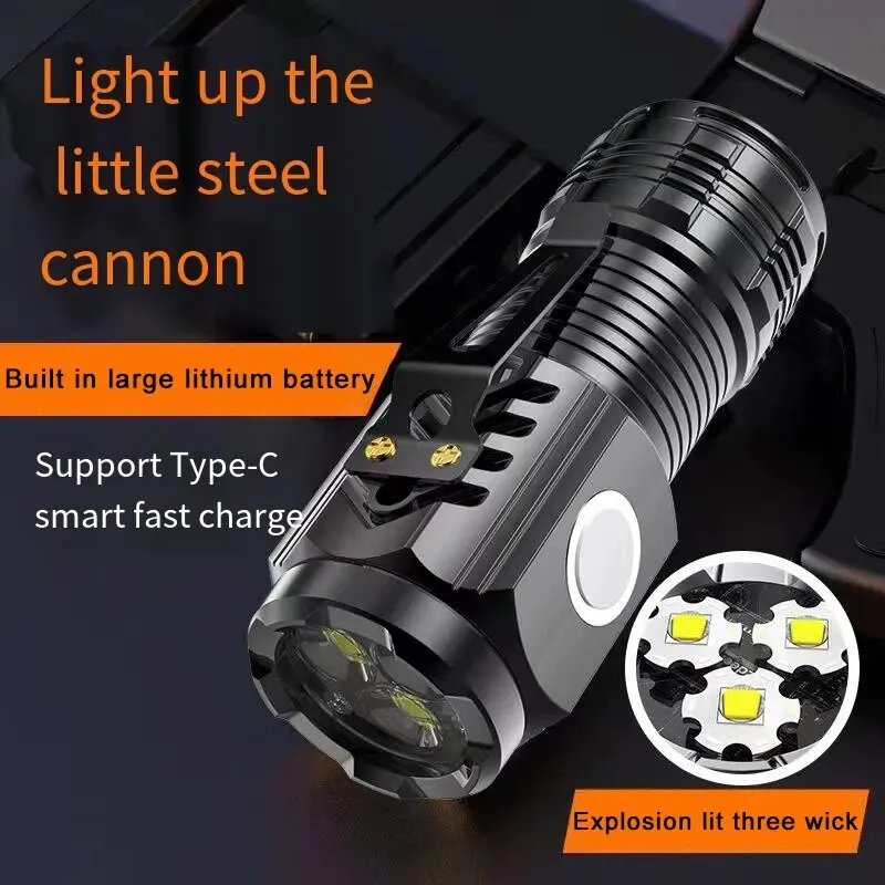 3LED Super Bright Flashlight Portable Mini Burst Flash Torch Rechargeable Outdoor Emergency Spotlight with Pen Clip Tail Magnet