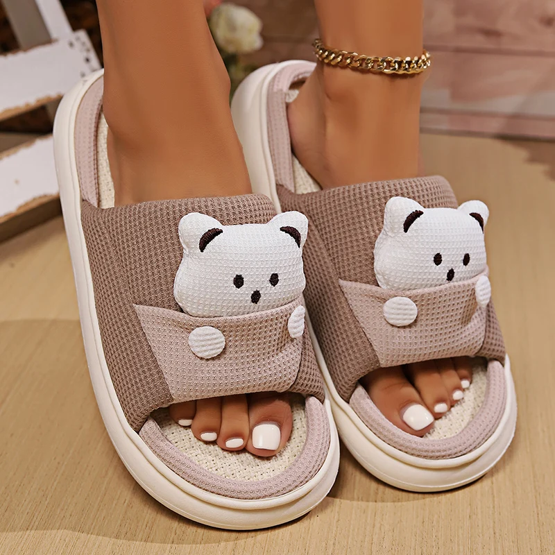 Cartoon Animation Bear House Slippers Women Autumn Winter Soft Sole Cute Hemp Slippers Woman Indoor Non-Slip Flat Heels Slides