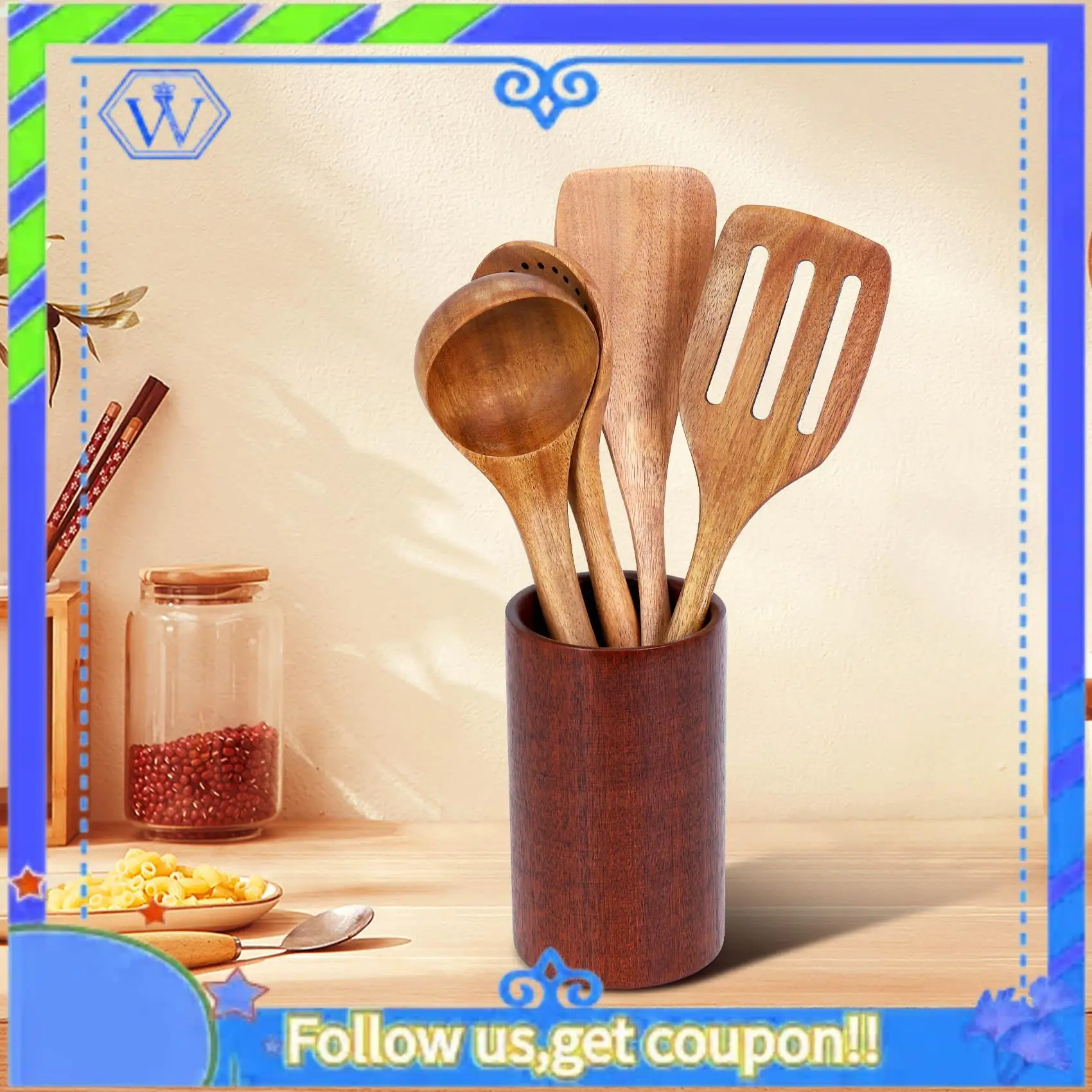 

A55P-Wooden Tableware,Teak Kitchen Cooking Tableware Set With Stand, Suitable For Non-Stick Cookware,Wooden Shovel Spoon Cooking