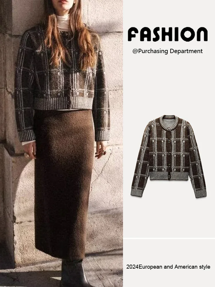 

Sweet Color Blo Plaid Print Long Sve Knitted Open Cardigan Outerwear New Arrival Spring Season Women's Faion Commute S...