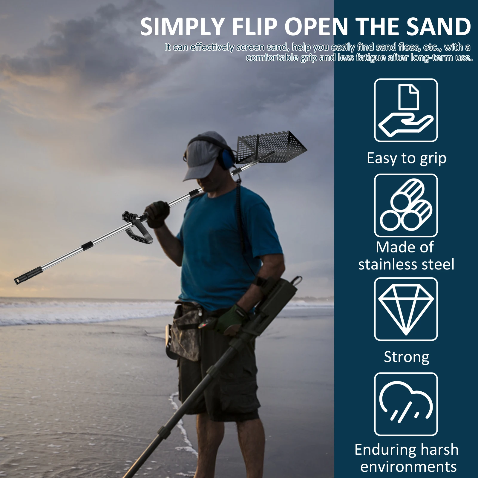 Setaccio per sabbia portatile Rastrello in acciaio inossidabile Raccoglitore efficiente per granchi con manico staccabile da 134/173 cm per la ricerca di granchi con sabbia da spiaggia