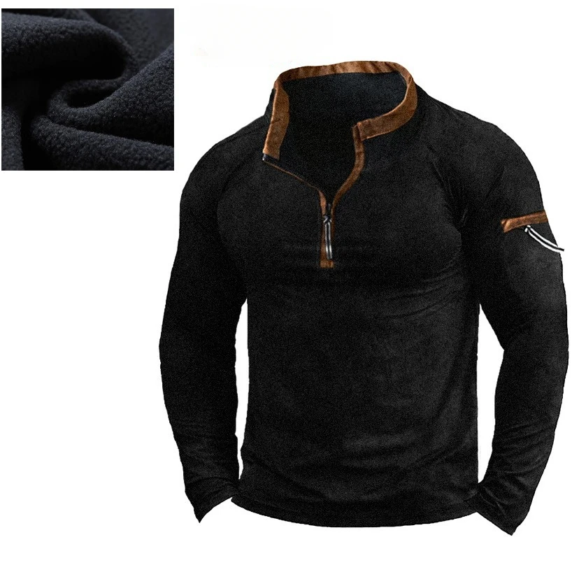 Men Zippered Standing Collar Hoodie Fleece Insulation Tactical Hoodie Pullover Training for Men's Long Sleeved Clothing