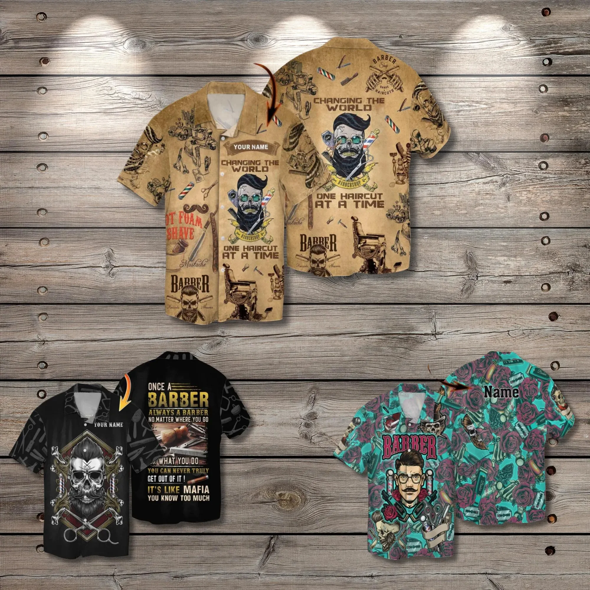 Custom Name Barber Hawaiian Shirt Vintage Barber Shop Skull Floral Aloha Shirt Barbers Hairstylists Tropical Beach Shirts