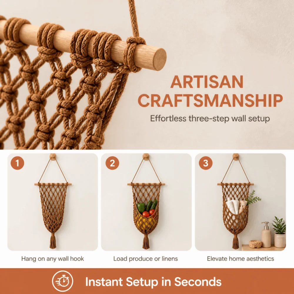 Handmade Woven Fruit Storage Basket Tassel Design Wall Mounted Vegetable Container Hanging Hammock Style Four Season Use