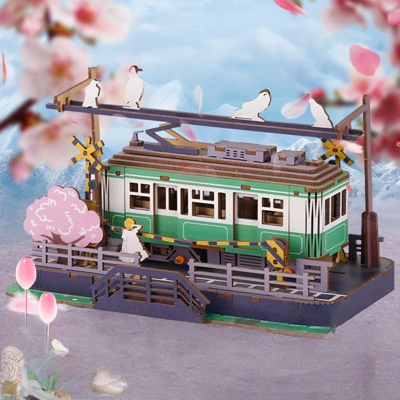 

OUZEY Floral Tram Wooden Puzzle, 3D DIY Spring Theme Model, Seasonal Decorative Gift for Collectors