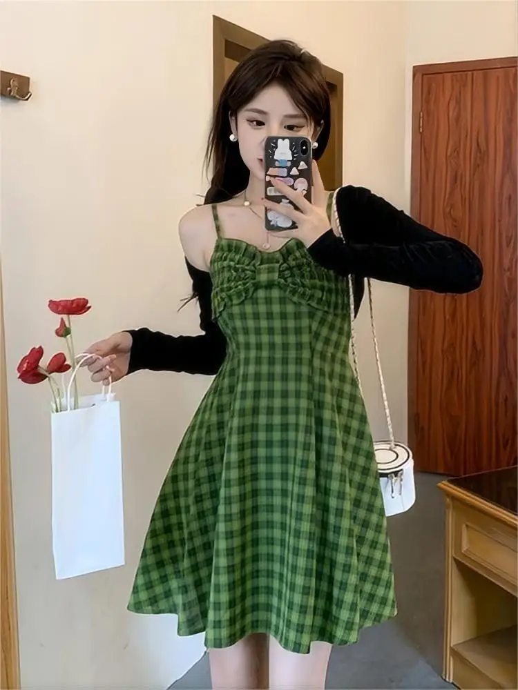 Nuomici quente menina sexy chique verde xadrez suspender vestido feminino 2025 verão nova cintura arco roupas femininas adequado para data de viagem
