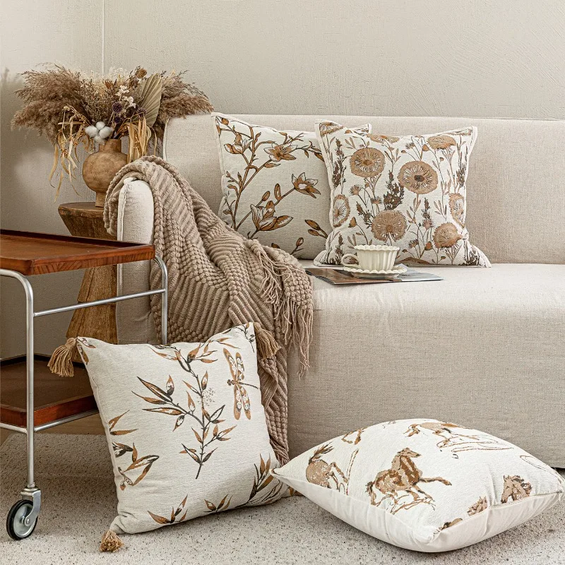 French Luxury Chenille Jacquard Cushion Cover Neutral Beige Plant Geometric Soft Textured Throw Pillow Cover Home Decor for Sofa