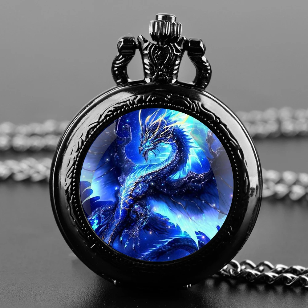 Vintage riesiger blauer Drache Design Quarz-Taschenuhren für Damen und Herren, einzigartige Anhängeruhr, Halskette, Kinderschmuck, Geschenke