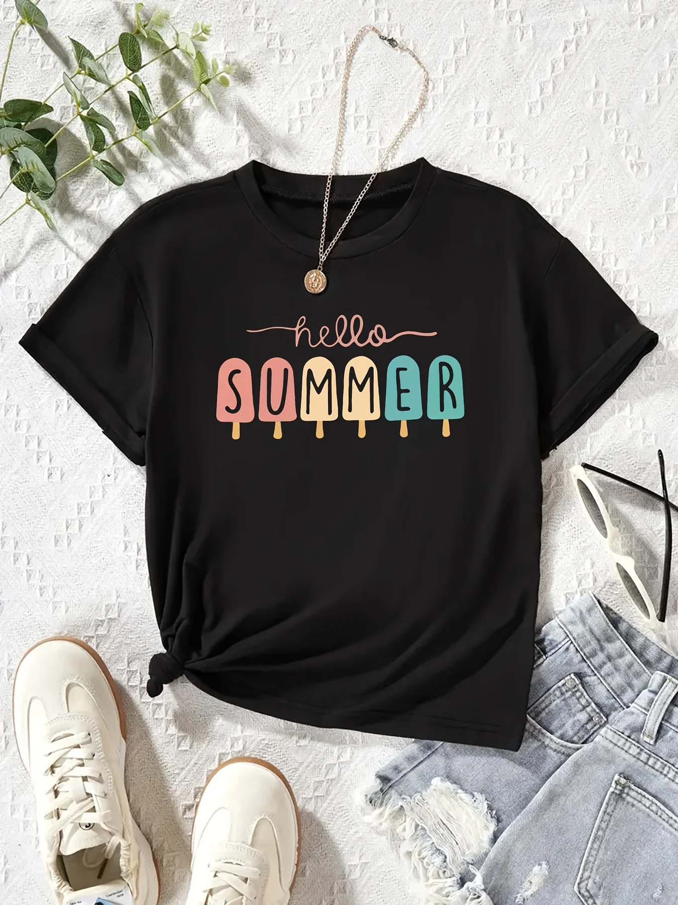 Women's Casual Short Sleeve T-Shirt With Colorful 'Hello Summer' Popsicle Lettering, Round Neck, Comfort Fit, Stylish Top