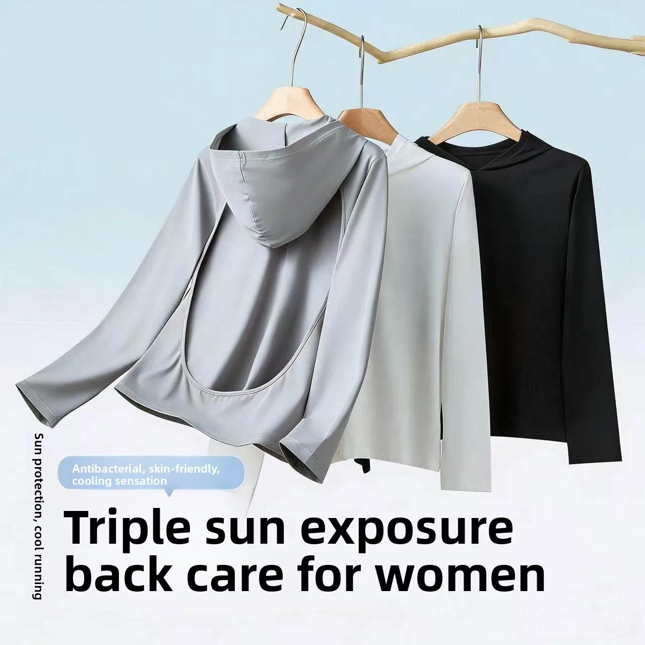 Men's Cotton Sweat Absorbing Breathable Long Sleeve T-Shirt with Hood for Back Sunbathing Three-Arrows Hot Summer Outdoor