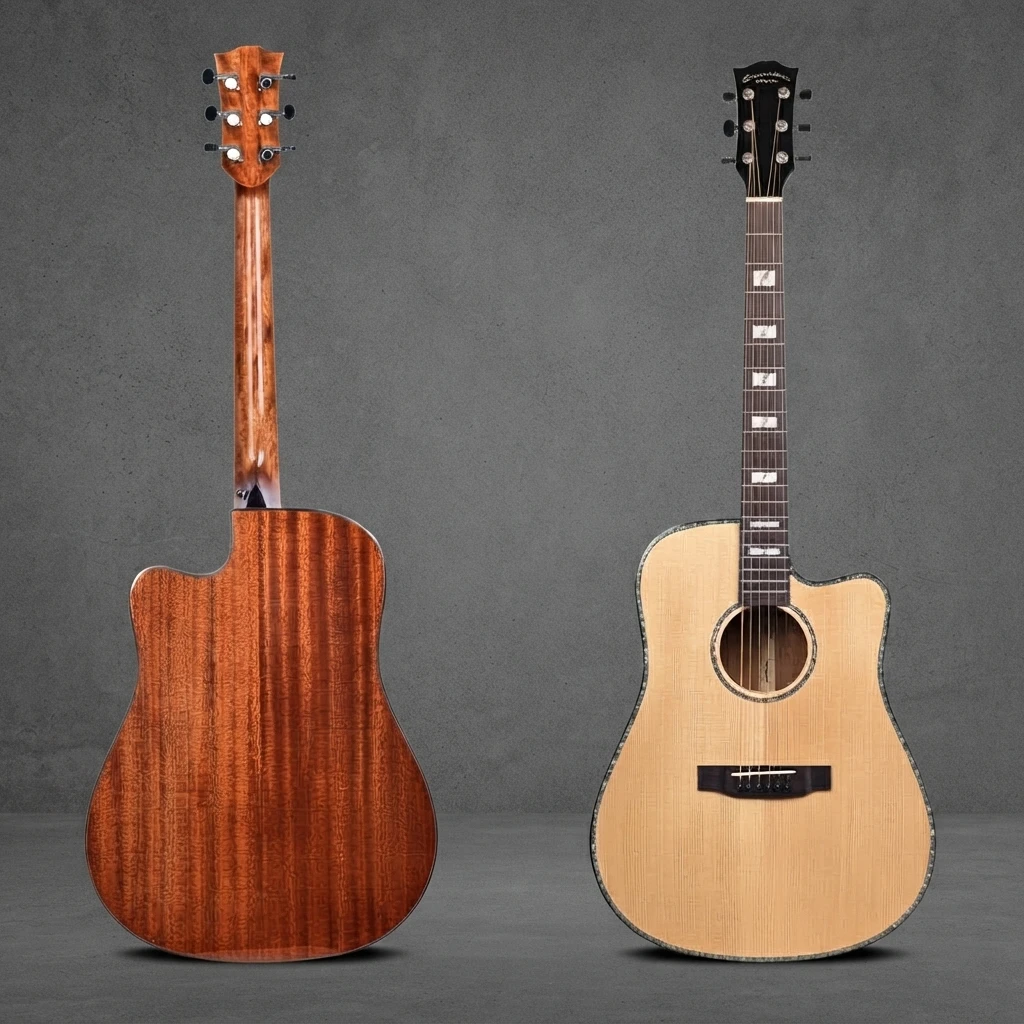 Dreadnought Cutaway Acoustic Folk Guitar, Solid Top, Shell Inlay Fret Markers, Dark Fretboard, Chrome Tuners for Guitar Learners