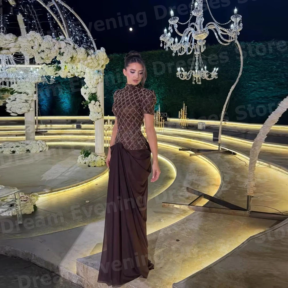Elegante Meerjungfrau-Abendkleider für Damen mit hohem Kragen, kurzen Ärmeln und Perlenverzierung, maßgeschneiderte Party- und Ballkleider, Vestidos Para Mujer Elegantes