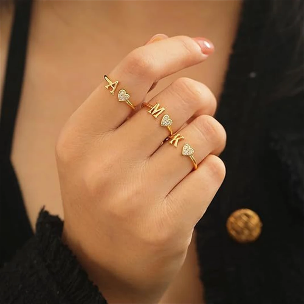 Fashion Crystal Initial Heart Rings Gold Plated Adjustable Capital Letter Stackable Rings For Girls Kids Women Wedding Gift