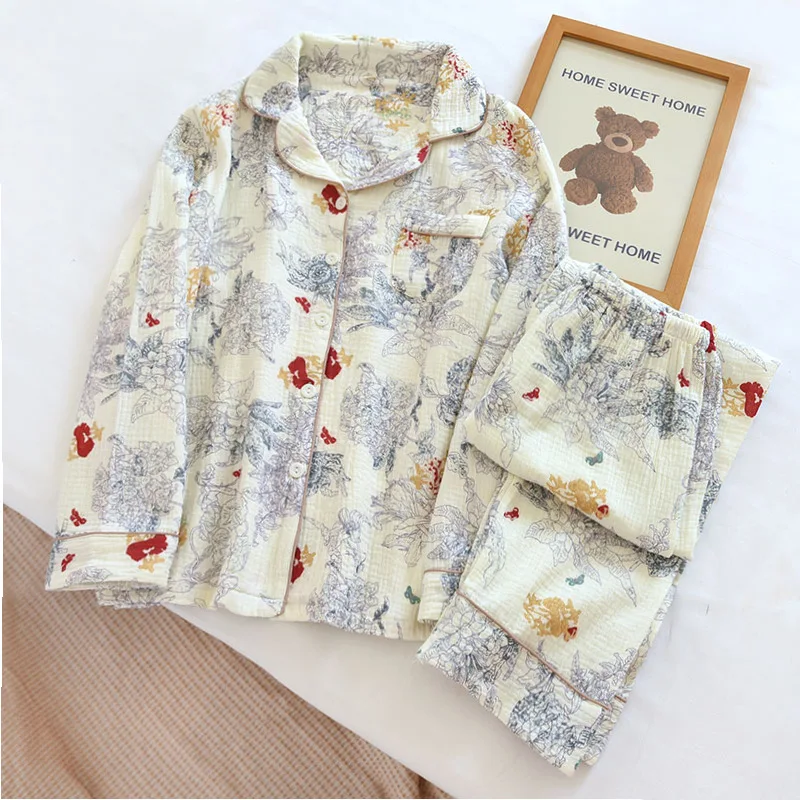 Female Long Sleeve Trousers Set Cotton Gauze Pajamas Luxury Print Nightwear Pyjamas Sleepwear Autumn Spring Homewear Loungewear