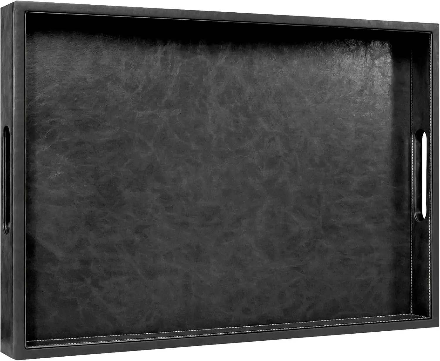 

14x20 Inch Leather Rectangle Serving Tray with Side Cutout Handles, Black