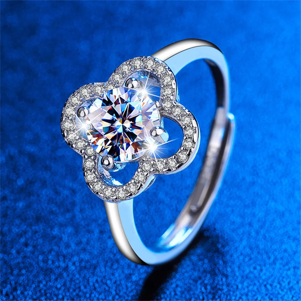 s925スターリングシルバー四つ葉モアッサナイト調整可能レディースリング、ファッショナブルな気質の婚約指輪、高級ジュエリーギフト