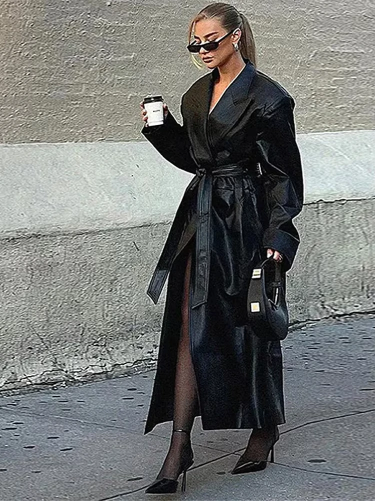 Siren Chic Street Leather Long Jackets Women Loose Lapel Single Breasted Belt Pu Coats Female Autumn Long Sleeves Solid Outwears