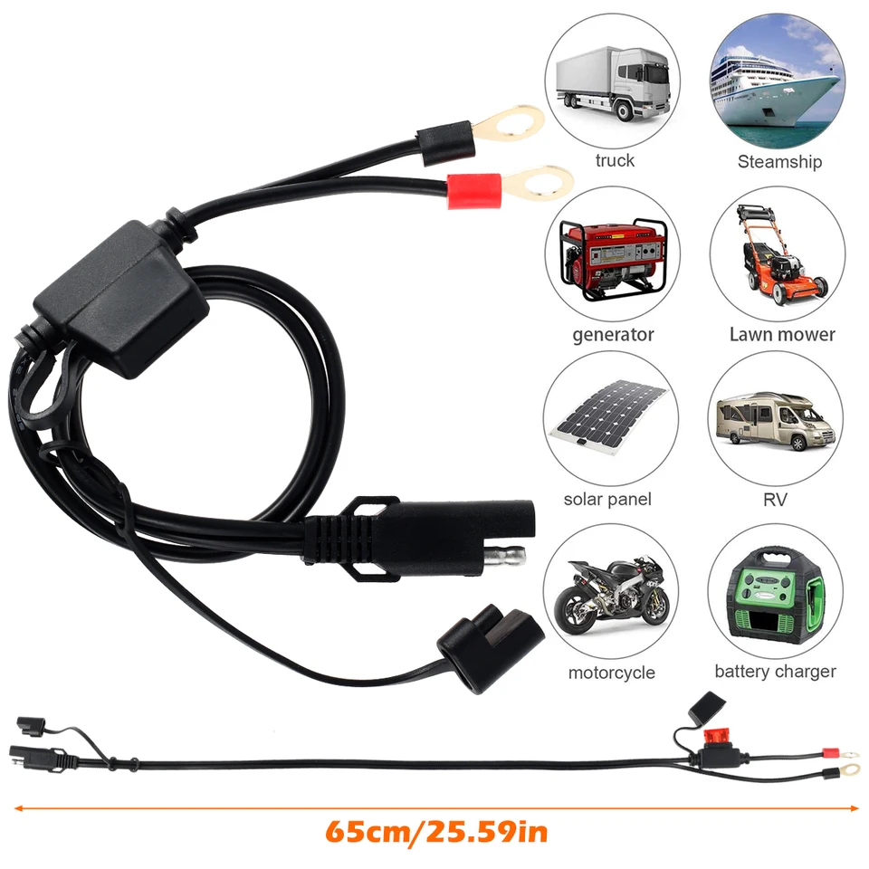 Câble Charge Batterie Moto SAE Avec Fusible 10A - Connecteur Anneau Rapide 12V-24V Étanche