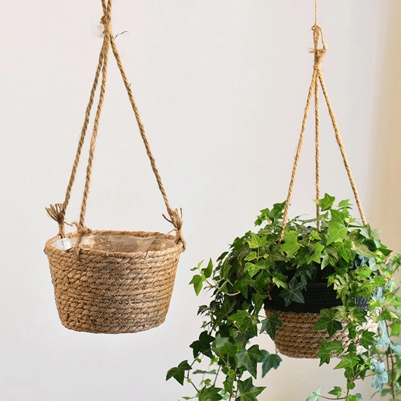 Garden Hanging Planter Flowerpot Rattan Woven Hanging Basket Flower Pot Handmade Straw Woven Plant Hangers Home Decor