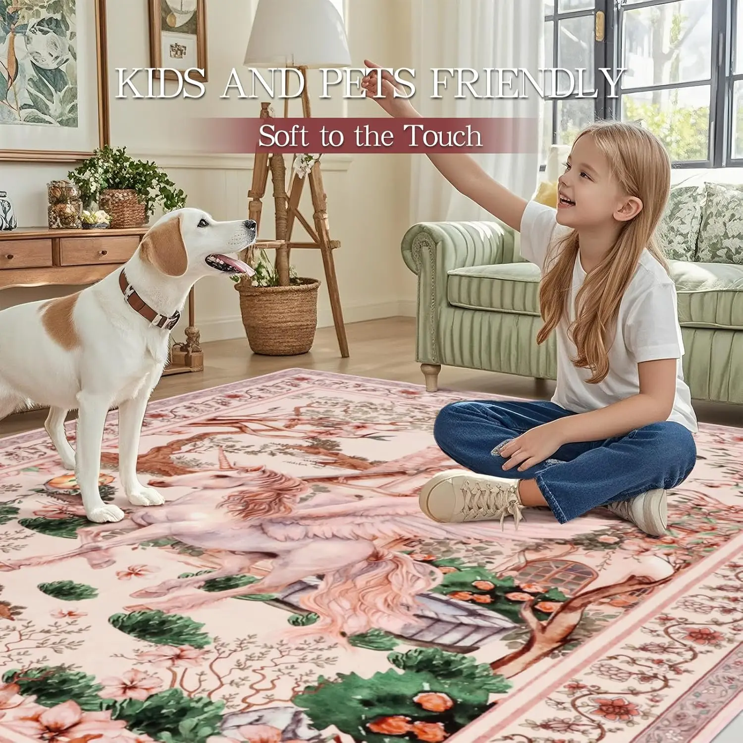 Unicorn Animal Print Living Room Bedroom Rugs Soft, Floral Botanical Kids Girls Nursey Playroom Floor Carpets for Dining Room