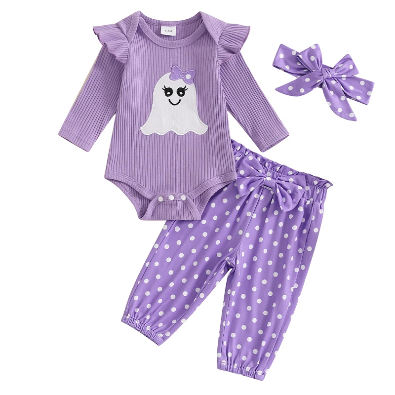 

Baby Girls Halloween 3PCS Sets Long Sleeve Ghost Embroidery Romper Dot Print Pants Headband Sets