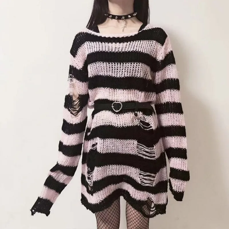 Karrram Punk Gothic Sweater Emo Tops E-girls Mall Goth Pullovers Y2k Harajuku Grunge Clothes Alt Dark Aesthetic Striped Jumpers