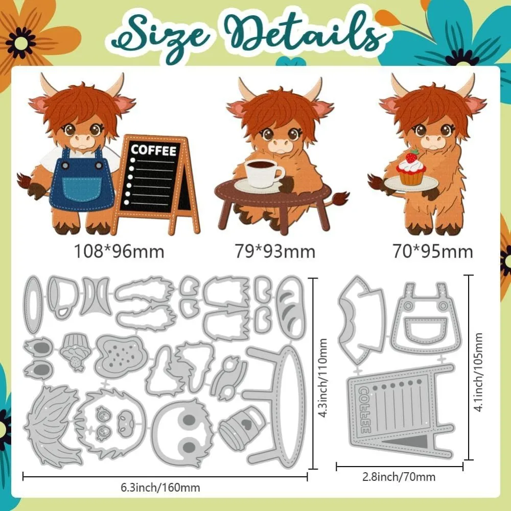 Cute Highland Cattle Metal Cutting Dies Coffee Die Cuts Carbon Steel Stencils Scrapbooking Embossing Template Dies DIY Craft