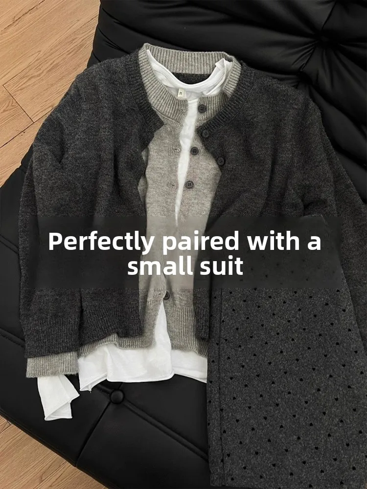 

Gray Knitted Open Cardigan Women's Spring Autumn Winter Layering Fake Two-Piece Knitwear Inner Match Base Sweater Commute Style